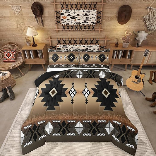 Erosebridal Western Aztec Bedding Set for Boys, Native Tribal Ethnic Comforter Set Toddler Size Farmhouse Boho Geometric Duvet Insert Southwestern Ethnic American Native Quilt for Adult, Brown Black