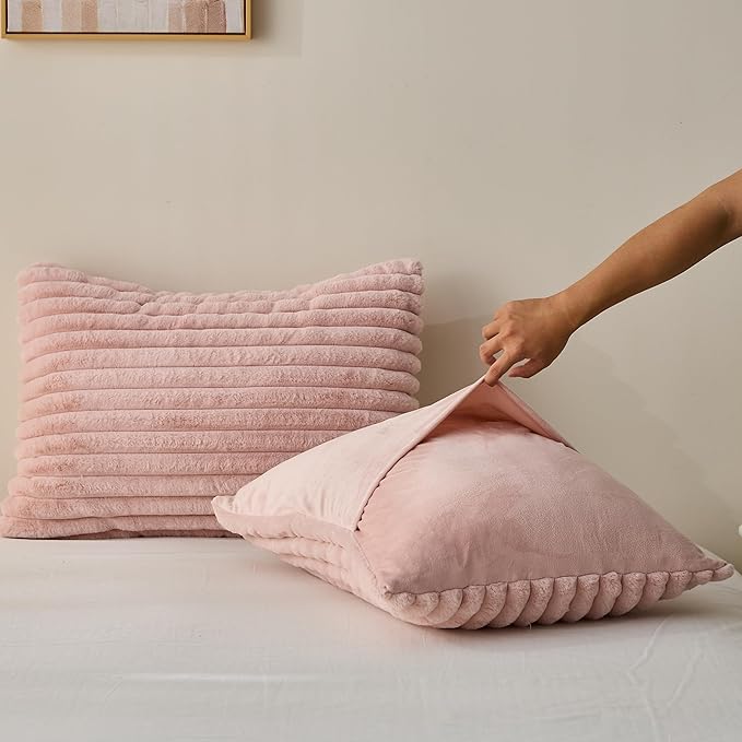 Simple&Opulence Fluffy Faux Fur Comforter Set, Plush Fuzzy Minky Bedding Set, 3 Pieces Warm Soft Comforter Bedding Set for Winter - 1 Shaggy Comforter with 2 Pillow Shams(Queen, Striped - Pink)