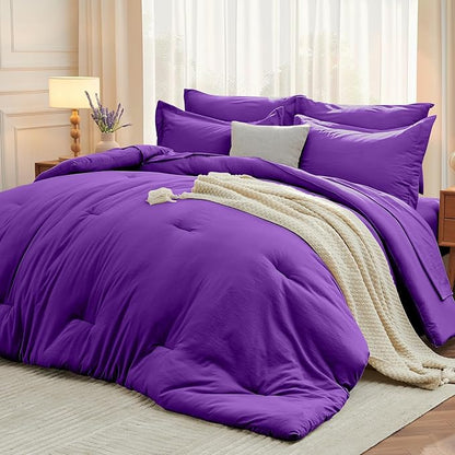 MUXHOMO 5 Pieces Twin Comforter Set, Soft Bed in a Bag Twin Size, All Season Bedding Set with Comforter, Flat Sheet, Fitted Sheet, Pillowcases & Shams, Purple