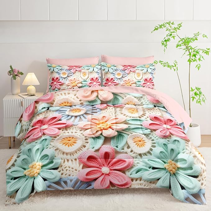 7 Piece Colorful Floral Comforter Set King Size，King Size Teen Girl Floral Bedding Set，(1 Comforter, 1 Flat Sheet, 1 Fitted Sheet, 2 Pillowcase and 2 Pillow Sham)