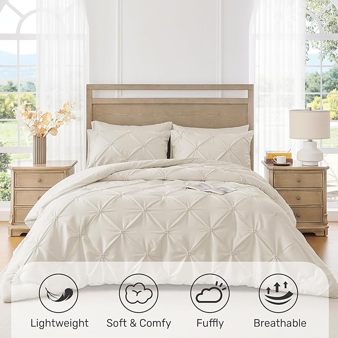 UNIKOME Queen Comforter Set Beige - Ultra Soft Boho Pintuck Cream Down Alternative Bedding Set for All Seasons, 3 Pieces Lightweight Warm Pinch Pleat Bed Set with Comforter, 2 Pillowcases