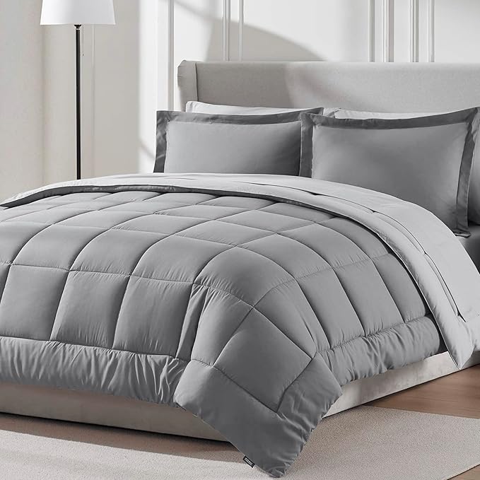 Nestl 7 Piece King Comforter Set – Grey Reversible Bed in a Bag – Complete King Size Bedding Set with Sheets, Pillowcases and Shams