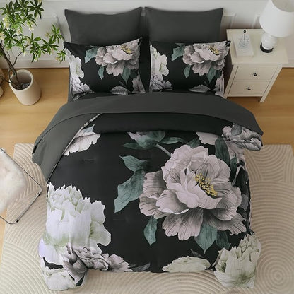 Dobuyly Black Comforter Set Queen 7 Piece Bed in a Bag, Floral Comforter Set with Sheets, Soft Microfiber Botanical Flower Bedding Set for All Season
