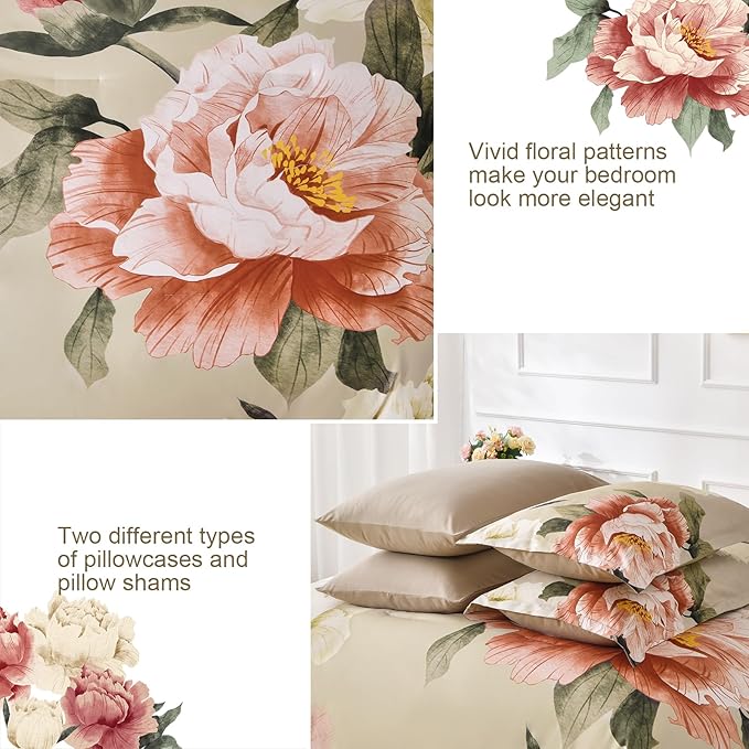Dobuyly King Size Comforter Set 7 Piece Bed in a Bag, Pink Floral Printed on Khaki Comforter Set with Sheets, Soft Microfiber Botanical Farmhouse Bedding Set for All Season