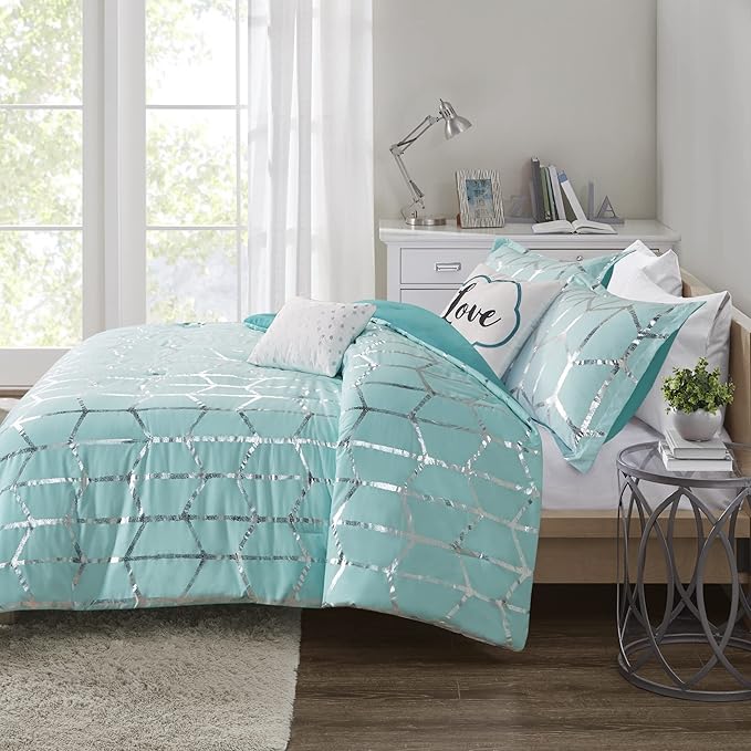 Intelligent Design Raina King / Cal King Comforter Set, Soft Microfiber Comforter Set King, Modern Geometric Metallic Bed Set, 5 Pieces College Bedding Comforter Set with 2 Shams, 2 Toss Pillows Aqua