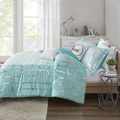 Intelligent Design Raina King / Cal King Comforter Set, Soft Microfiber Comforter Set King, Modern Geometric Metallic Bed Set, 5 Pieces College Bedding Comforter Set with 2 Shams, 2 Toss Pillows Aqua