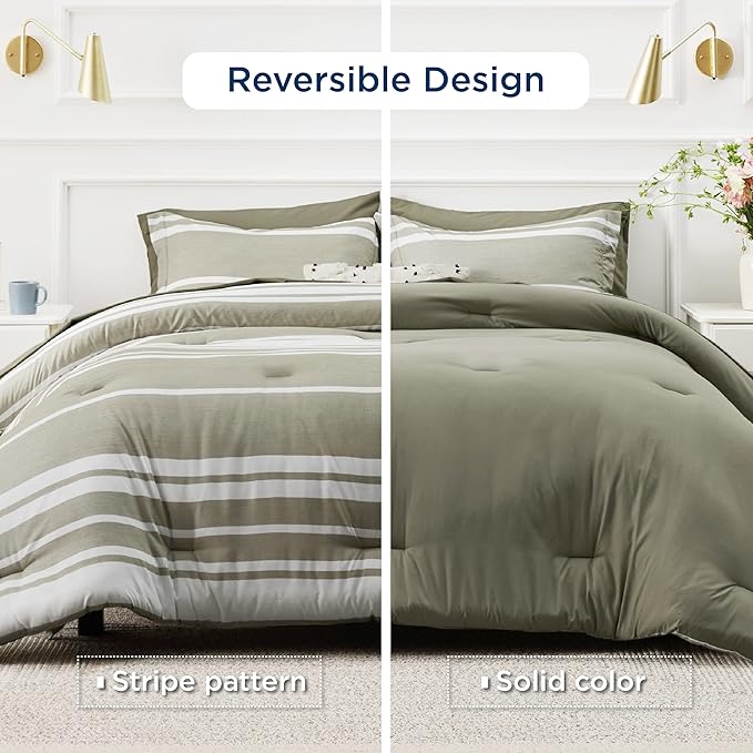 Bedsure Twin Comforter Set 5 Pieces, Olive Green Striped Bedding Set for All Seasons, Reversible, Cationic Dyeing Bed in a Bag with Comforter, Sheets, Pillowcase & Sham