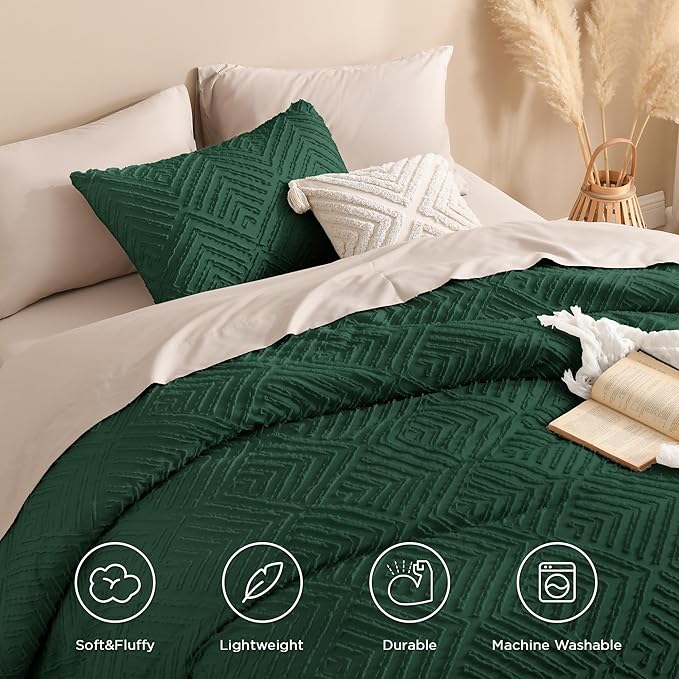 Andency Dark Emerald Green Oversized Comforter King Size 120"x98", 3 Pieces Boho Bedding Set & Collections, Farmhouse Tufted Fluffy Bed Set (1 Comforter, 2 Pillowcases)