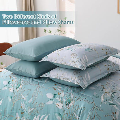 WONGS BEDDING Aqua Comforter Set Full Size, 7 Pieces Aqua Botanical Bed in a Bag Comforter Complete Golden Leaves Gradient Bedding Bedding Set for All Season with Sheets,Pillowcases & Shams