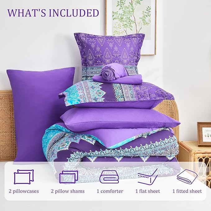 Boho Comforter Set King Size Purple - 7 Pieces Bohemian Floral Striped Comforter and Sheet Set, Lightweight Bed in a Bag Complete Bedding Sets King Size for All Season (Purple,King)