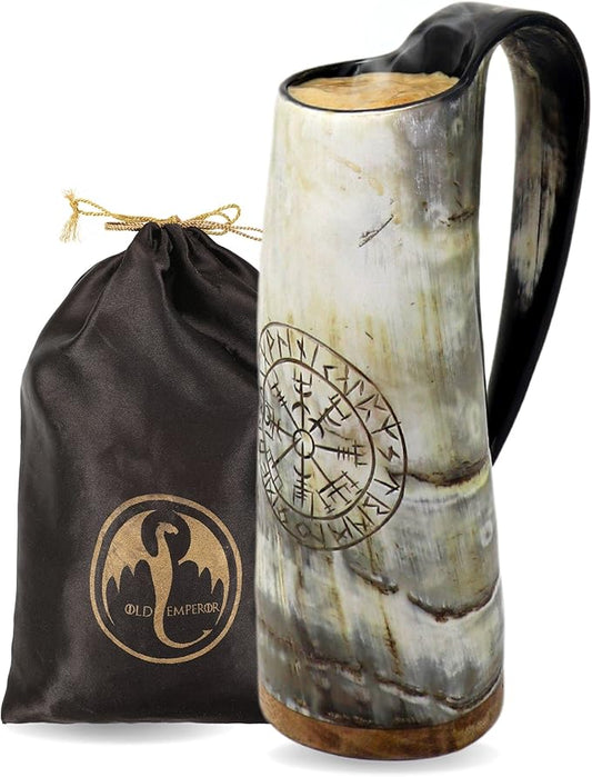 Viking Drinking Coffee Mug- 12oz| Gifts for Men & Women| Real Ox Horn| Food Grade Medieval| Hot and Cold Liquids| Engraved Natural Shine Finish (Compass)