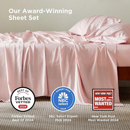 Bedsure Queen Sheet Set, Rayon Derived from Bamboo, Cooling Sheets, Breathable & Soft, Deep Pocket Up to 16 Inches, Hotel Luxury Silky Bedding for Hot Sleepers, Pink