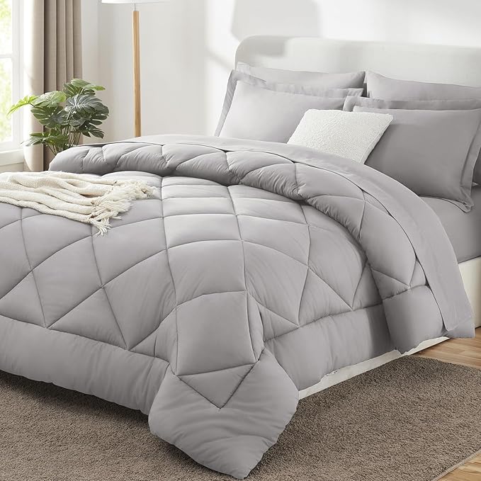 CozyLux Full Size Comforter Sets French Grey - 7 Pieces Bed in a Bag Full, Luxury Soft Bed Set for All Seasons, Bedding Set with Down Alternative Comforter, Sheets, Pillowcases & Shams