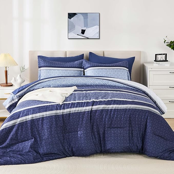 WONGS BEDDING Comforter Set King Size 7 Pieces,Navy Blue Striped Bed in a Bag Comforter and Sheet Set,Patchwork Soft Lightweight Micorfiber Bedding Set for All Seaon (90"×104")
