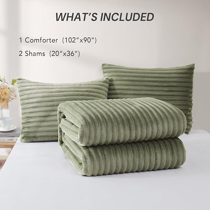 Geniospin Fleece King Size Comforter Set, Soft Fuzzy Fleece King Bedding Set, 3-Pieces Green Comforter Set for All Season, Warm Fluffy Comforter with 2 Pillow Cases