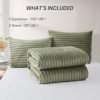 Geniospin Fleece King Size Comforter Set, Soft Fuzzy Fleece King Bedding Set, 3-Pieces Green Comforter Set for All Season, Warm Fluffy Comforter with 2 Pillow Cases