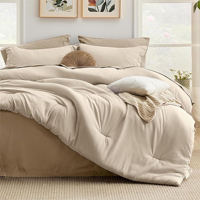 Bedsure Full Comforter Set - 7 Pieces Light Beige Full Bedding Set for All Seasons, Boho Contrasting Design Bed in a Bag with Comforter, Sheets, Pillowcases & Shams