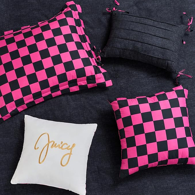 Juicy Couture Reversible Checkerboard Comforter Set 5-Piece Twin/Twin XL Set, Black/Hot Pink