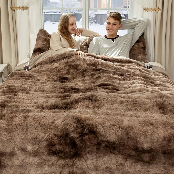 Faux Fur Heated Blanket King Size 100"X90" - Bubble Faux Fur Electric Blanket Fluffy Soft Thick with 6 Heating Levels & 10 hrs Timer Settings, Washable & ETL Certified for Bed, Tie-Dye Brown
