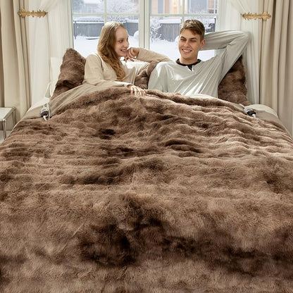 Faux Fur Heated Blanket King Size 100"X90" - Bubble Faux Fur Electric Blanket Fluffy Soft Thick with 6 Heating Levels & 10 hrs Timer Settings, Washable & ETL Certified for Bed, Tie-Dye Brown