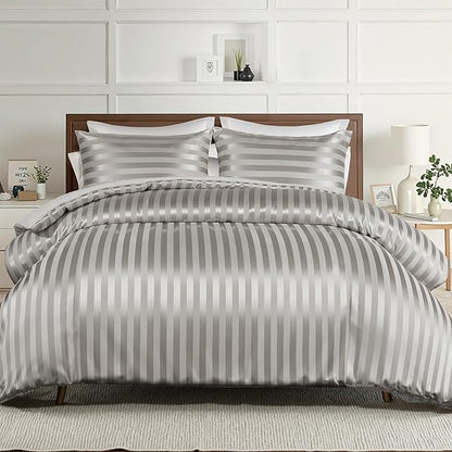 Whale Flotilla 3-Piece Reversible Silky Soft King Size Comforter Set, Luxury Stripe Satin Oversized Comforter Bedding Set with 2 Satin Pillowcases, Lightweight Duvet for All Seasons, Grey