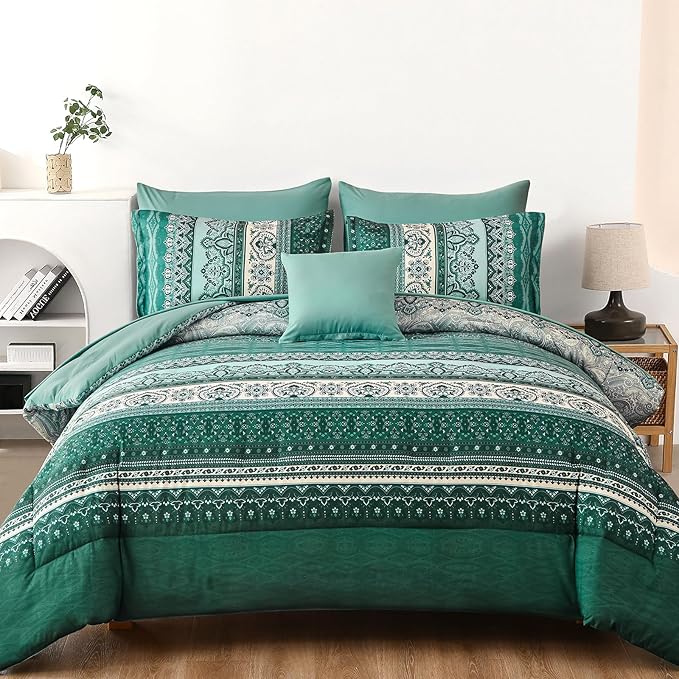 Cottolester Boho Comforter Set Queen Size,8 Pieces Teal Green Bohemian Striped Bed in a Bag,Paisley Soft Microfiber Bedding Comforter Set