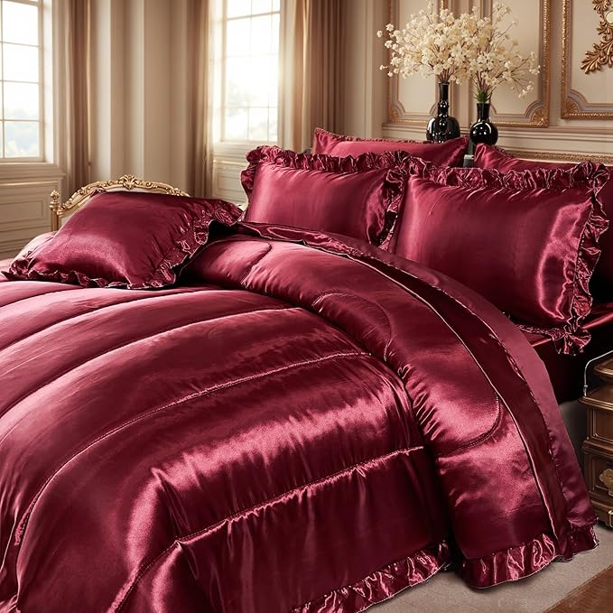 Silk Like Satin Comforter Set with Sheet Set Queen 8 Pcs Burgundy Satin Bedding Set Silky Ruffle Pattern Home Deocr Luxury Hotel Silky Bed in a Bag with 1 Cushion Cover