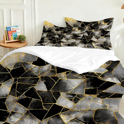 Black Geometric Marble Bedding Set King Size for Kids Women Men, Abstract Black Grey Gold Marbled Comforter Set Gold Lines Marbling Bed Set for Bedroom Decor with 1 Comforter + 2 Pillowcases