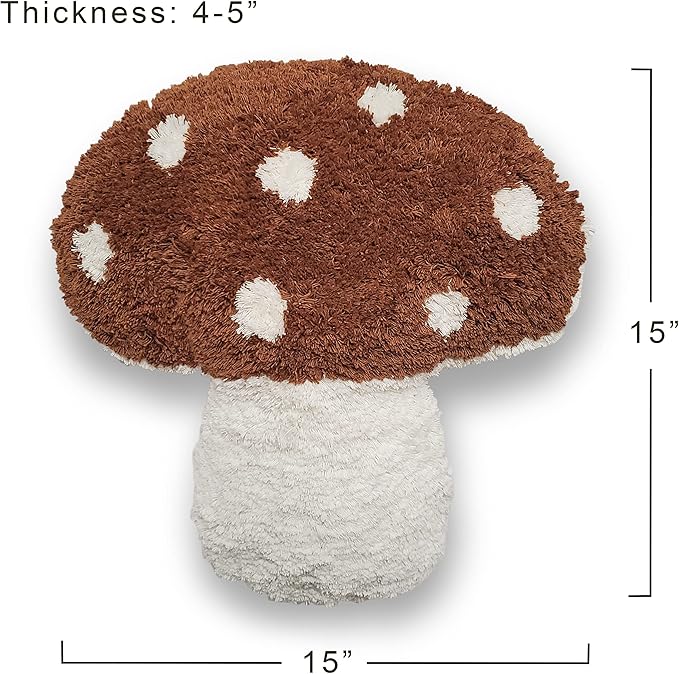 Mushroom Throw Pillow Tufted Shape Decorative Cushion 15” x 15” – Decor for Bed, Couch, Living Room (Brown)
