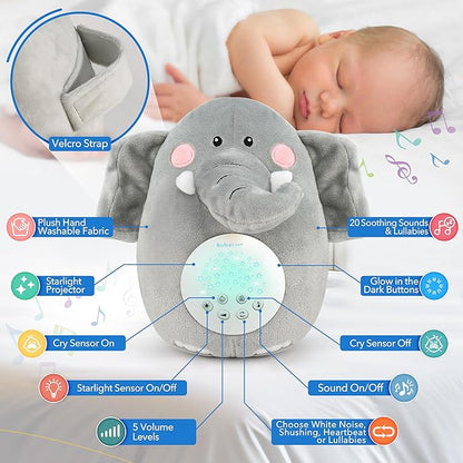 Bubzi Co Sound Machine, Portable Elephant Soother & Night Light Projector, Comforting Electronic Infant Toddler Sleep Aid & Shush with White Noise