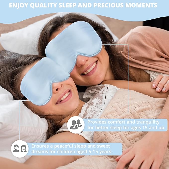 Silk Sleep Mask Eye Cover, 100% Real Natural Eye Mask for Sleeping with Adjustable Strap, 100% Silk Filling Blindfold, sleepmask for Kids/Teens/Adults, Sleeping Masks for Family (2 Blue)