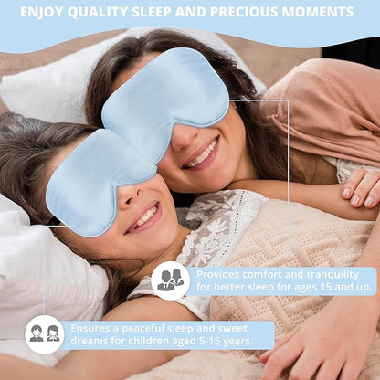 Silk Sleep Mask Eye Cover, 100% Real Natural Eye Mask for Sleeping with Adjustable Strap, 100% Silk Filling Blindfold, sleepmask for Kids/Teens/Adults, Sleeping Masks for Family (2 Blue)