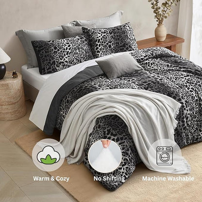 Petrichor Leopard Velvet Flannel Queen Comforter Set-Cheetah Print Western Blanket,Luxury Fuzzy Heavy Bedding Set, 3 Pieces Plush Winter Bed Set with Comforter (90"x90") & 2 Pillow Shams (20"x26")