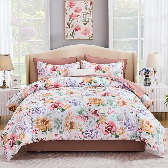 Luxudecor Floral Comforter Set Queen Size 7 Pieces Bed in a Bag, Dusty Rose Pink Flower Watercolor Bed Set, Soft Comforter with Sheet Set 90"x90"