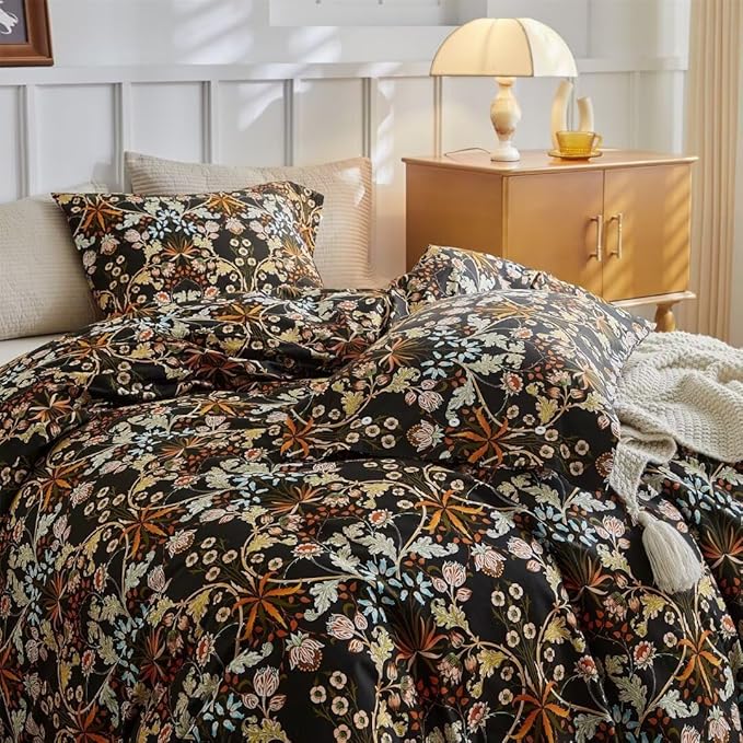 MKXI Shabby Chic Floral Black Comforter Set Nature-Inspired Bedding Comforters Cottage Style Botanical Bed Comforter Set Bohemian Full Size Comforter Set Black Floral