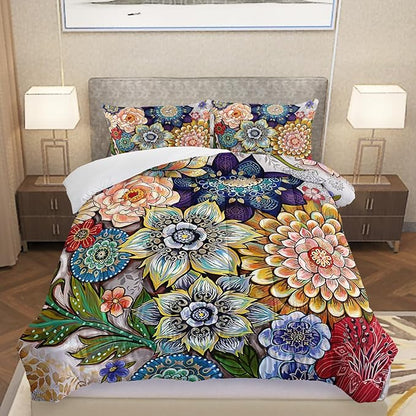 3 Pieces Boho Floral Comforter Set,Bohemian Colorful Flowers Comforter Set King Size Soft Microfiber Flower Duvet Vintage Bedding in a Bag for Kids Teens and Adults (1 Comforter with 2 Pillowcases)