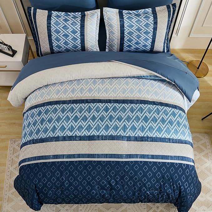 Cottolester Queen Comforter Set 7 Pieces Blue Boho Striped Bed in a Bag,Soft Microfiber Complete Bedding Sets