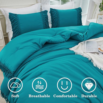 Andency Turquoise Comforter Set California King, 3 Pieces Boho Tassel Lightweight Soft Bedding Comforter Sets for King Bed, All Season Fluffy Fringe Bed Set (104x96In Comforter & 2 Pillowcases)