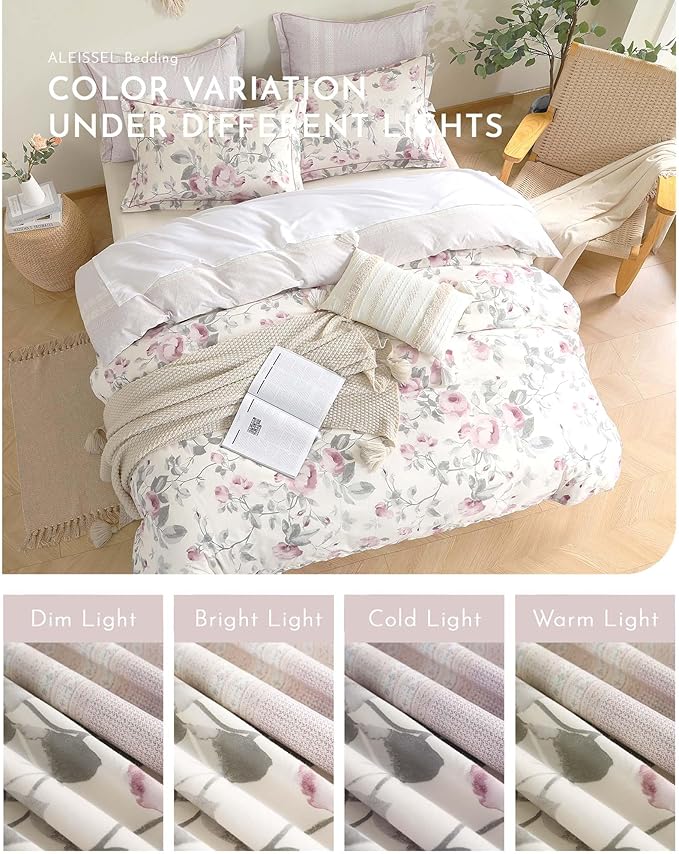 Vintage Cotton 3pcs Floral Comforter Sets King Size - Dusty Rose & Soft Gray Foliage on White, Blush French Striped Patchwork Reverse, Neutural Lightweight Bedding Sets(King 104"×90")