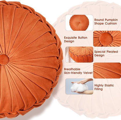 ROSE&RISY Round Pleated Velvet Throw Pillows, 2 Pcs Decorative Accent Pumpkin Pillow Cushion for Couch Sofa Chair Bed Car Home Decor (14.5 Inch, Orange)