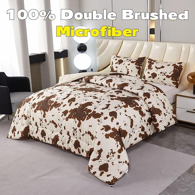 PERFEMET Cow Print King Size Comforter Set Brown and Beige Western Bedding Set Cartoon Animal Pattern Farmhouse Bed Set for Teens Boys Girls Men Women (Beige,King)