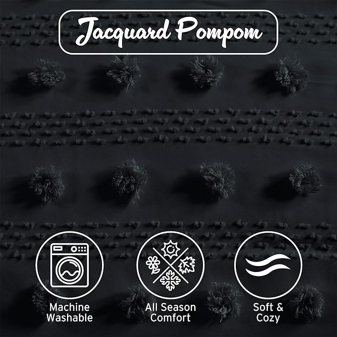 Intelligent Design Twin Comforter Set, Clipped Jacquard Comforter Set Chic Pompom Accent, All Seasons Lightweight & Fluffy Comforter Bed Set with 1 Sham, Lucy, Twin/Twin XL, Black 2 Piece