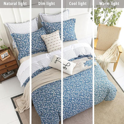 Blue Floral Cotton Comforter King Size - White Leaves with Delicate Soft Green & Blush Floral Print, Blue Chevron on White Reverse – 3PC Lightweight Bedding Set with Soft Fill(104"×90")