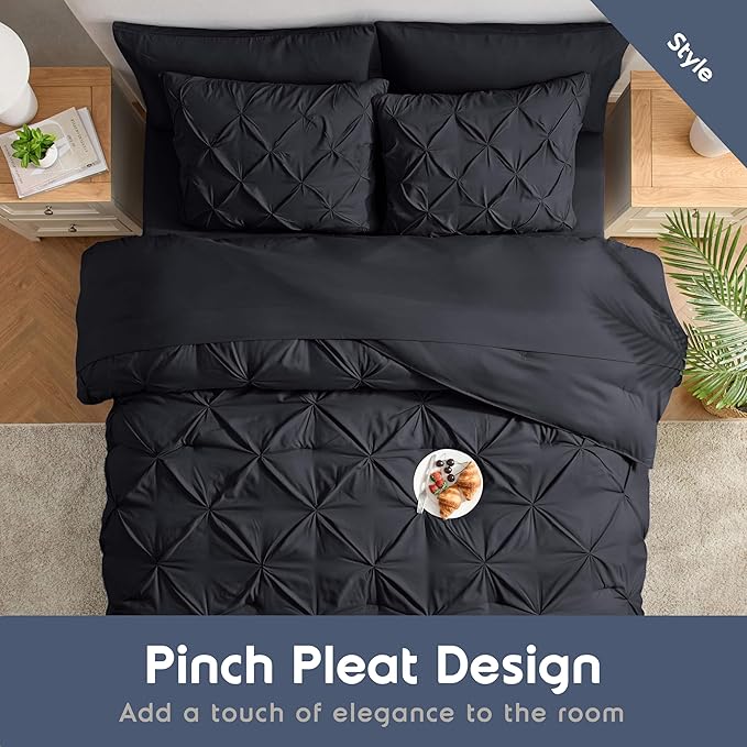 Nestl Queen Comforter Set 7 Piece - Pinch Pleated Comforters Queen Size Black, Bed in a Bag Queen All Season, Queen Size Comforter Sets Bedding with Flat Sheet and Fitted Sheet, Pillowcases and Shams