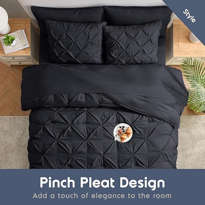 Nestl Queen Comforter Set 7 Piece - Pinch Pleated Comforters Queen Size Black, Bed in a Bag Queen All Season, Queen Size Comforter Sets Bedding with Flat Sheet and Fitted Sheet, Pillowcases and Shams