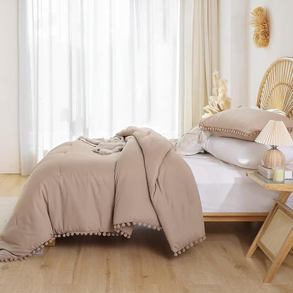 YIRDDEO Full Size Comforter Sets - Full Size Comforter with Ball Pom Fringe, Soft Bedding Set for All Seasons - 3 Pieces, 1 Comforter (79"x90") & 2 Pillow Shams(20"x26"), Taupe