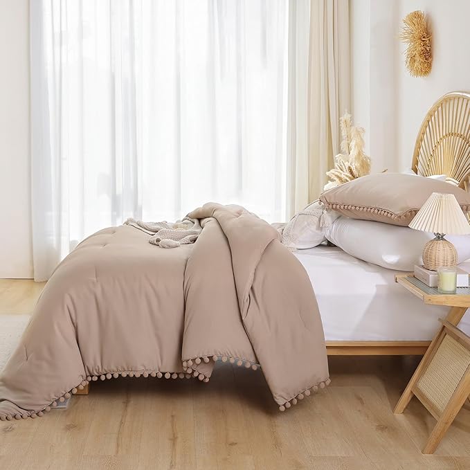 YIRDDEO Queen Comforter Set - Comforter Queen Size Sets with Ball Pom Fringe, Soft Bedding Set for All Seasons - 3 Pieces, 1 Comforter (90"x90") & 2 Pillow Shams (20"x26"), Taupe