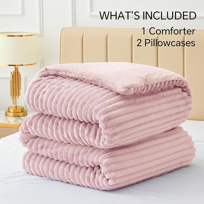 BEDELITE Fleece Queen Comforter Set -Super Soft & Warm Fluffy Pink Bedding, Luxury Fuzzy Heavy Bed Set for Winter with 2 Pillow Cases