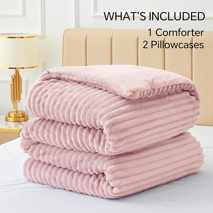 BEDELITE Fleece King Comforter Set -Super Soft & Warm Fluffy Pink Bedding, Luxury Fuzzy Heavy Bed Set for Winter with 2 Pillow Cases