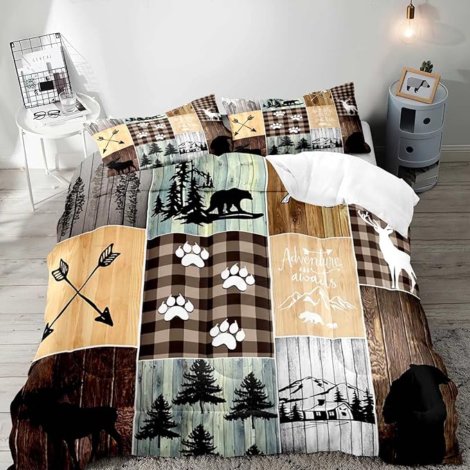 LUVIVIHOME 3PCS Cabin Rustic Comforter Set Full Size, Black Bear Deer Elk Moose Woodland Forest Animals Wildlife Hunting Brown Plaid Patchwork Lodge Country Farmhouse Bedding Quilt, 2 Pillow Shams